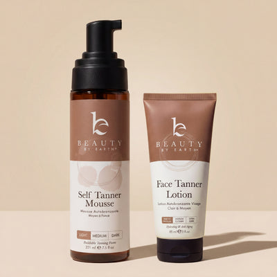 Beauty by Earth self tanning mousse and face tanner lotion light.