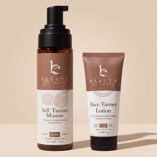 Beauty by Earth self tanning mousse and face tanner lotion medium.