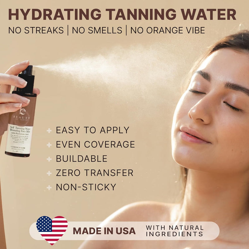 Hydrating Tanning Water, no streaks, no smell, no orange vibe - easy to apply, even coverage, buildable, zero transfer, non-sticky, made in USA with natural ingredients