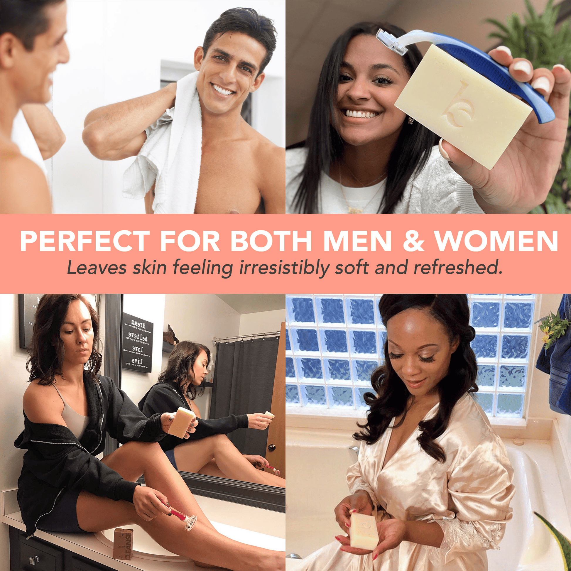 Collage of people using a bar of soap with text 'Perfect for both men & women' on a pink banner.