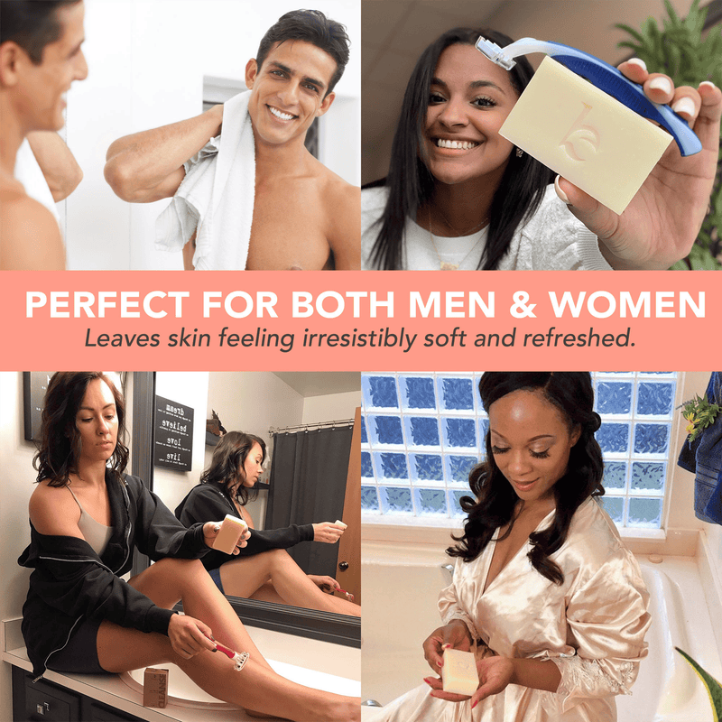 Collage of people using a bar of soap with text 'Perfect for both men & women' on a pink banner.