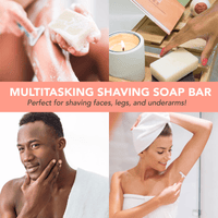 Multitasking shaving soap bar with people using it for shaving faces, legs, and underarms.