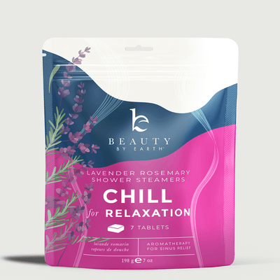 Packaging of Beauty by Earth Lavender Rosemary Shower Steamers on a light gray background