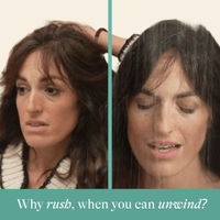 Two side-by-side images of a woman with text 'Why rush, when you can unwind?' Before and after with shower steamers.