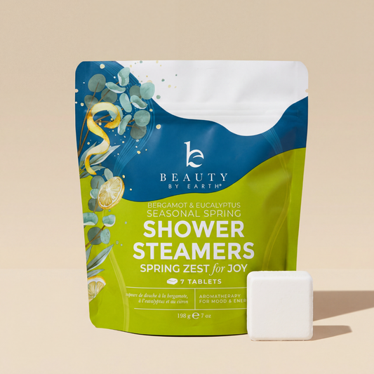 Packaging of Beauty by Earth shower steamers on a beige background
