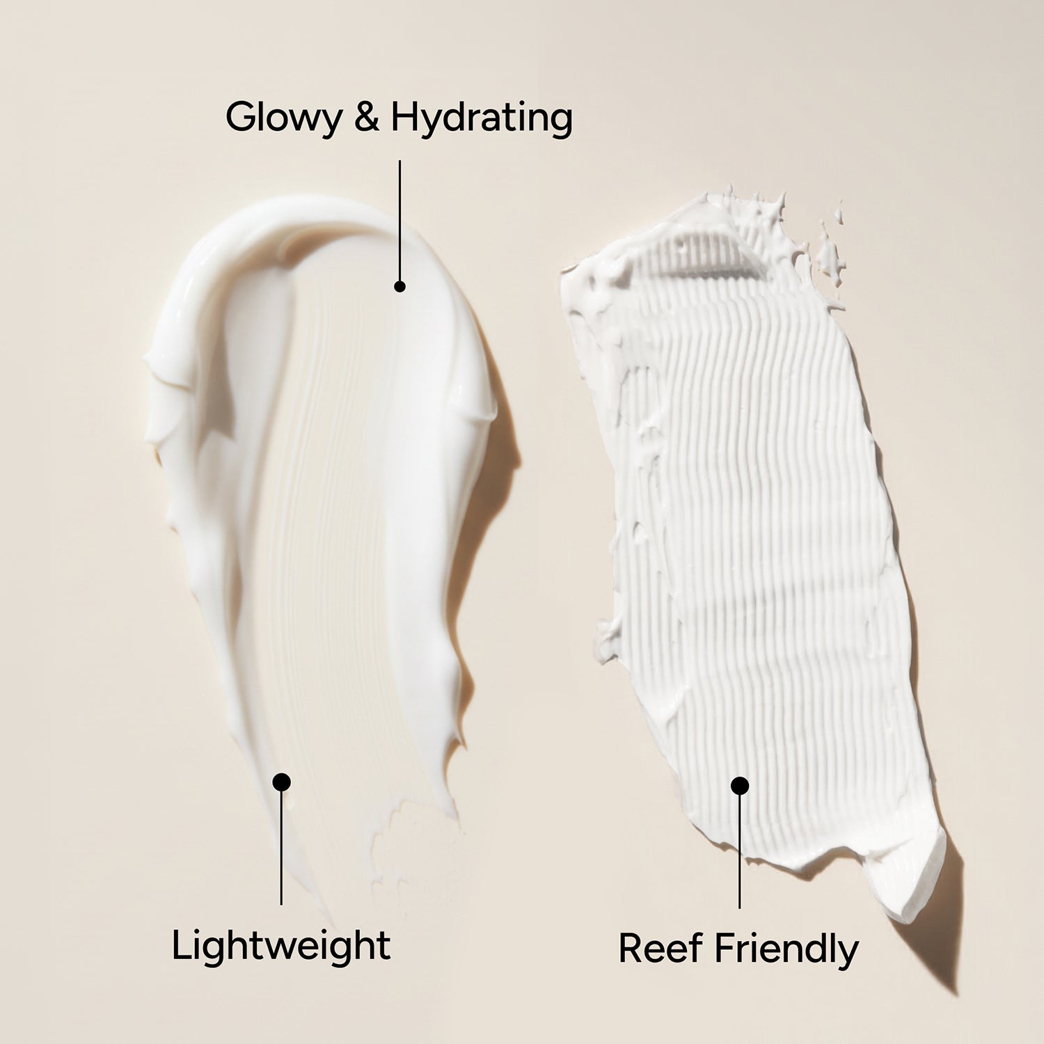 Two sunscreen swatches with text labels on a beige background