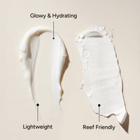 Two sunscreen swatches with text labels on a beige background