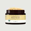 Vanilla Coconut Body Scrub jar with visible scrub on a light gray background