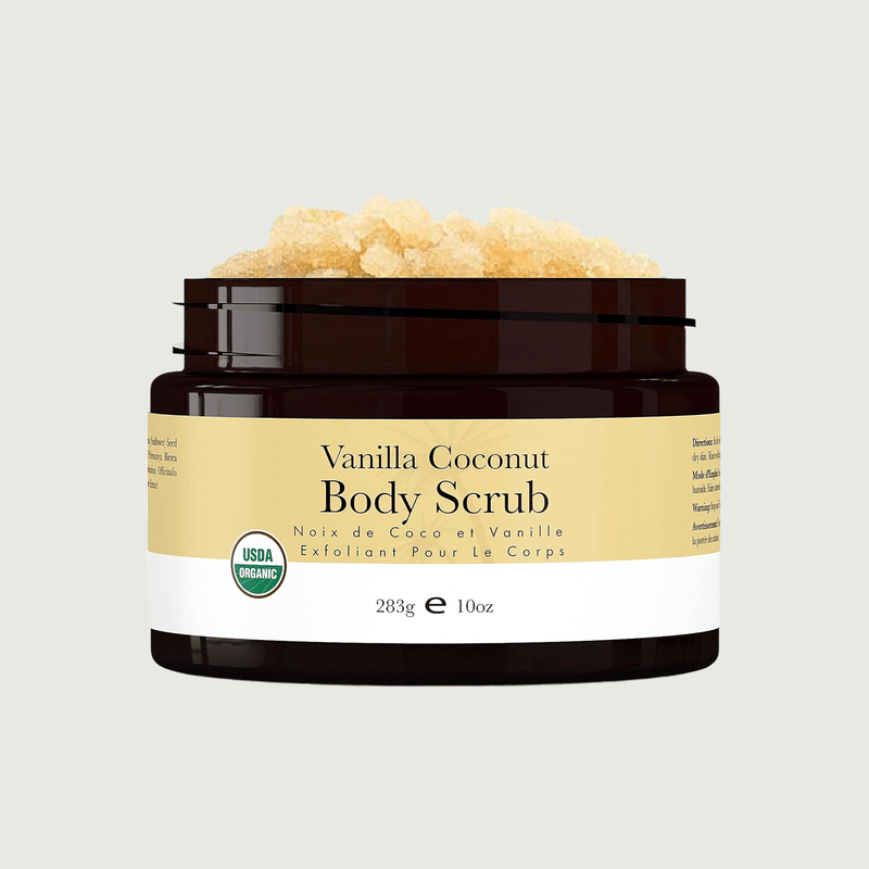 Vanilla Coconut Body Scrub jar with visible scrub on a light gray background