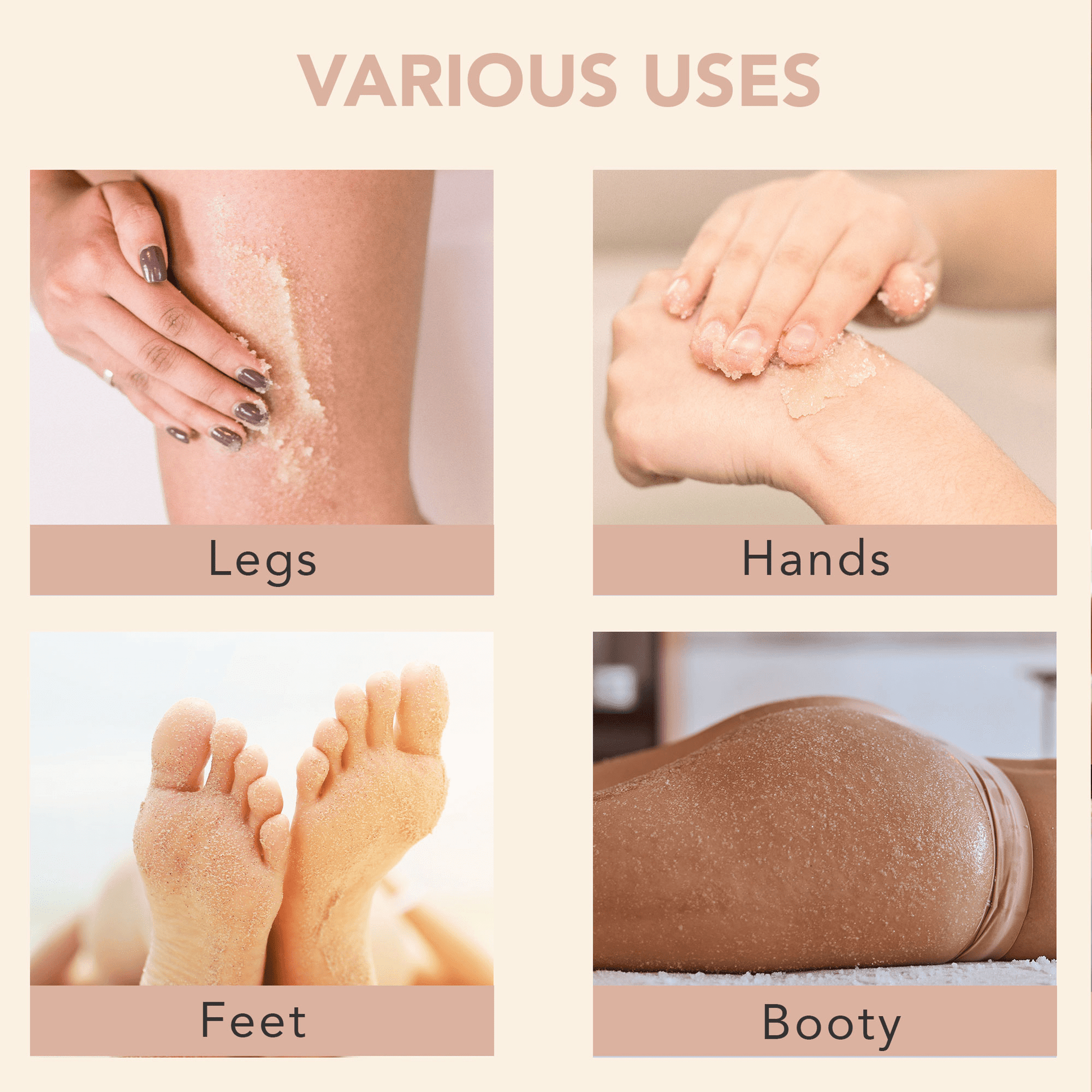 Collage showing the use of a product on legs, hands, feet, and booty with text 'Various Uses'.
