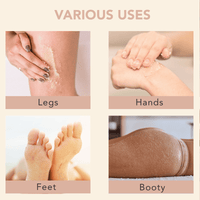 Collage showing the use of a product on legs, hands, feet, and booty with text 'Various Uses'.