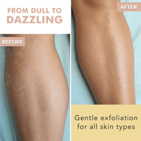 Before and after comparison of a person's leg with exfoliation product, showing smooth skin.