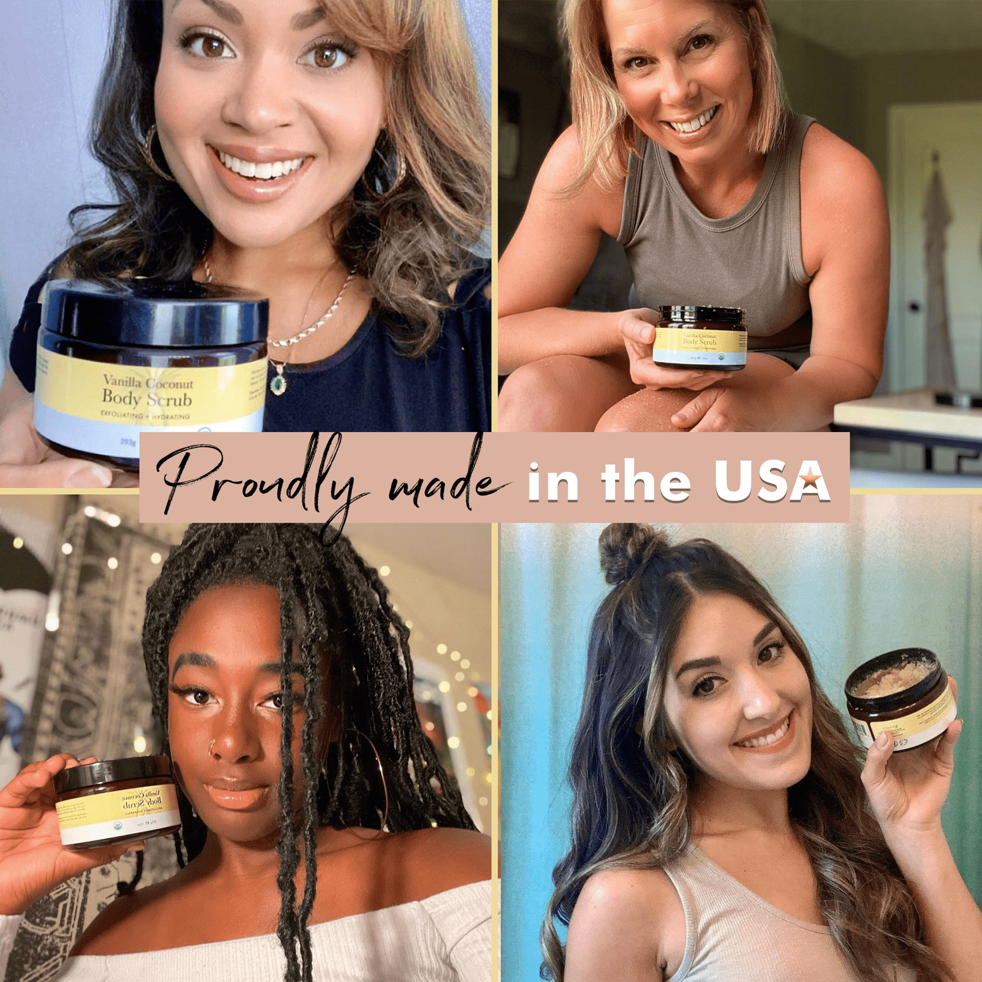 Collage of four women holding a jar of body scrub with text 'Proudly made in the USA'.