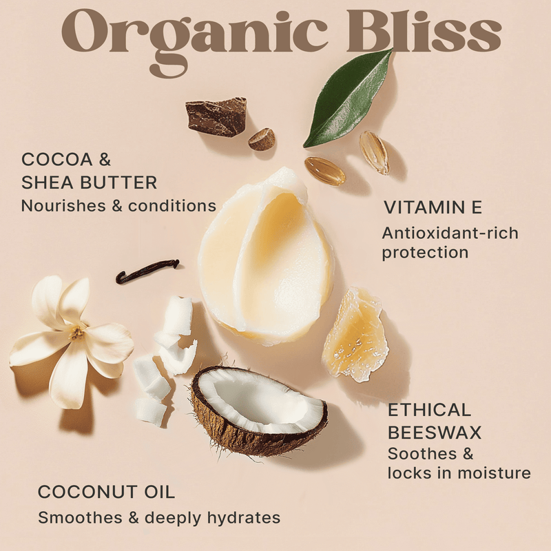 Ingredients of Organic Bliss with coconut, cocoa, shea butter, and vanilla on a beige background.