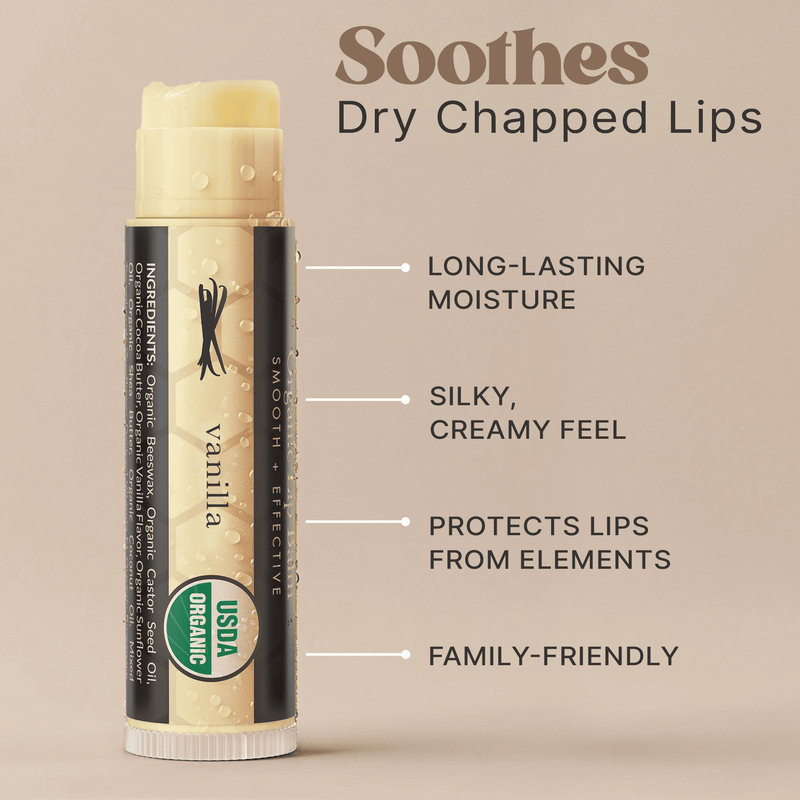 Lip balm with vanilla flavor on a beige background, featuring text about its benefits.