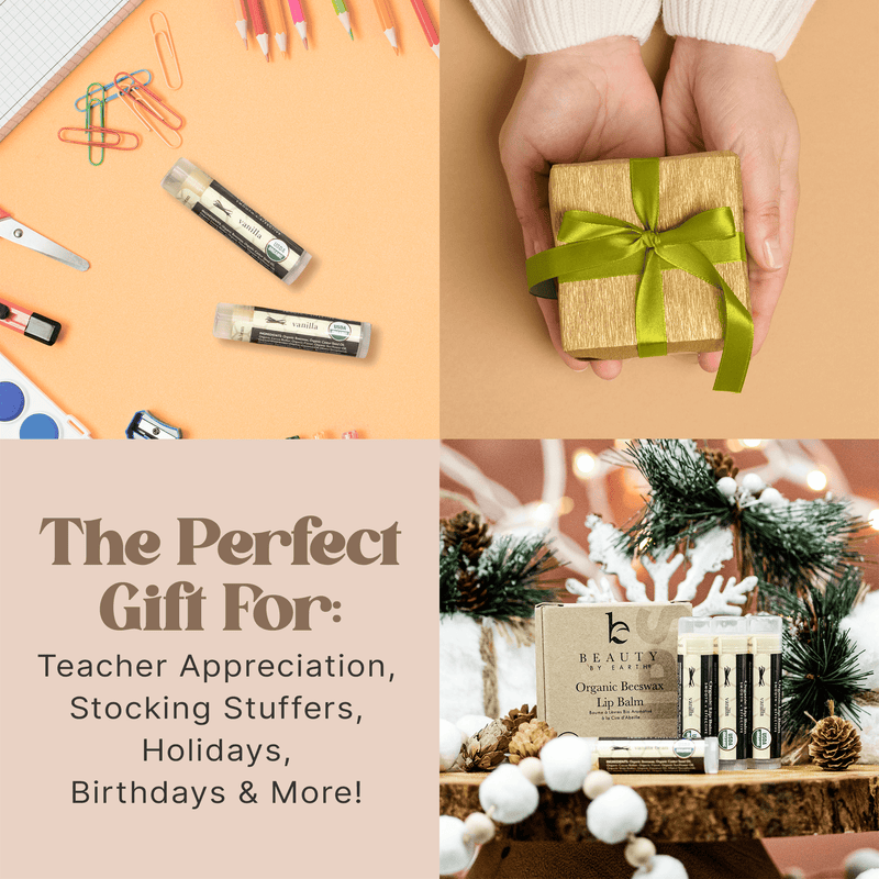 Collage of gift items including a small box with a green ribbon, stationery items, and beauty products with text about gift options.