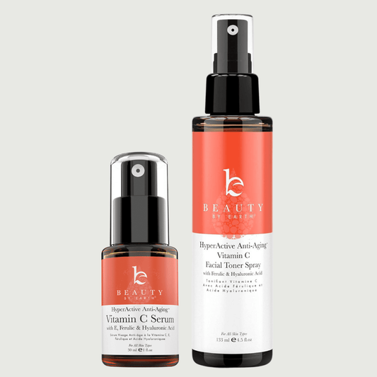 Two skincare products, a serum and a facial toner spray, from Beauty by Kairo on a light gray background.