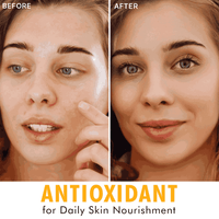 Before and after comparison of a woman's face with antioxidant product application, labeled 'ANTIOXIDANT for Daily Skin Nourishment'.