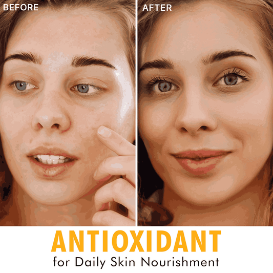 Before and after comparison of a woman's face with antioxidant product application, labeled 'ANTIOXIDANT for Daily Skin Nourishment'.