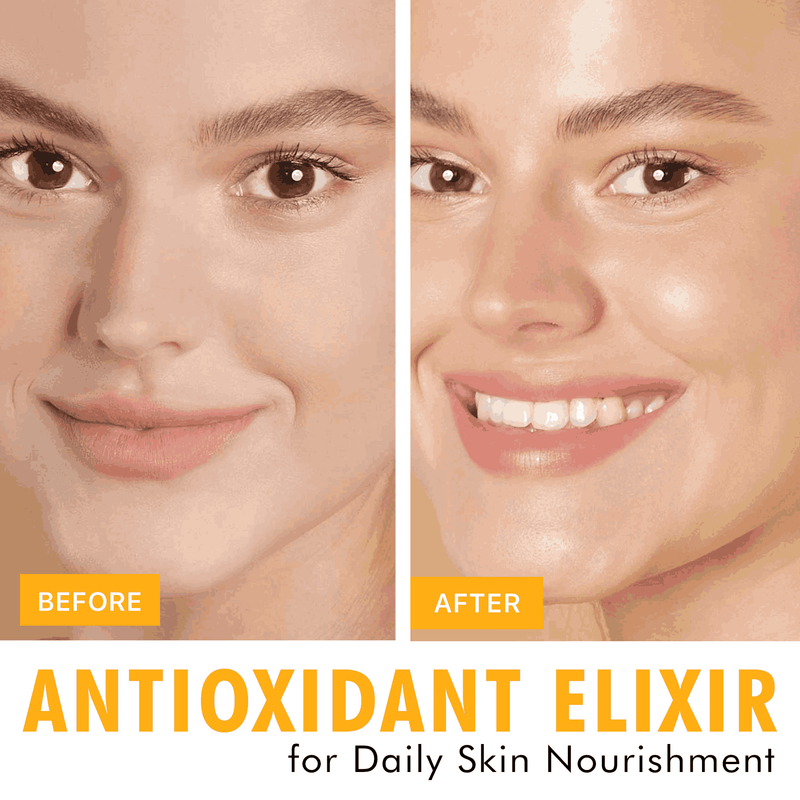 Before and after comparison of a woman's face with text 'Antioxidant Elixir' for daily skin nourishment.