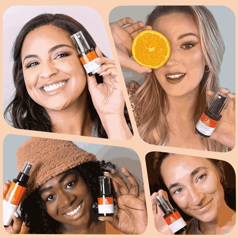 Collage of four women holding skincare products and an orange.
