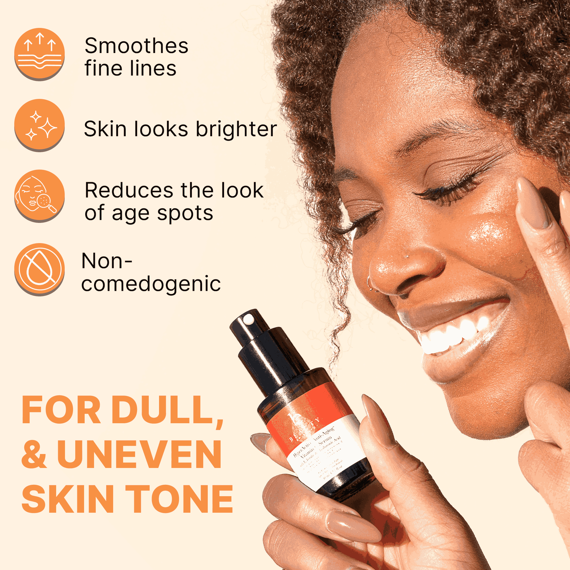 Woman applying skincare product with text highlighting benefits on a beige background