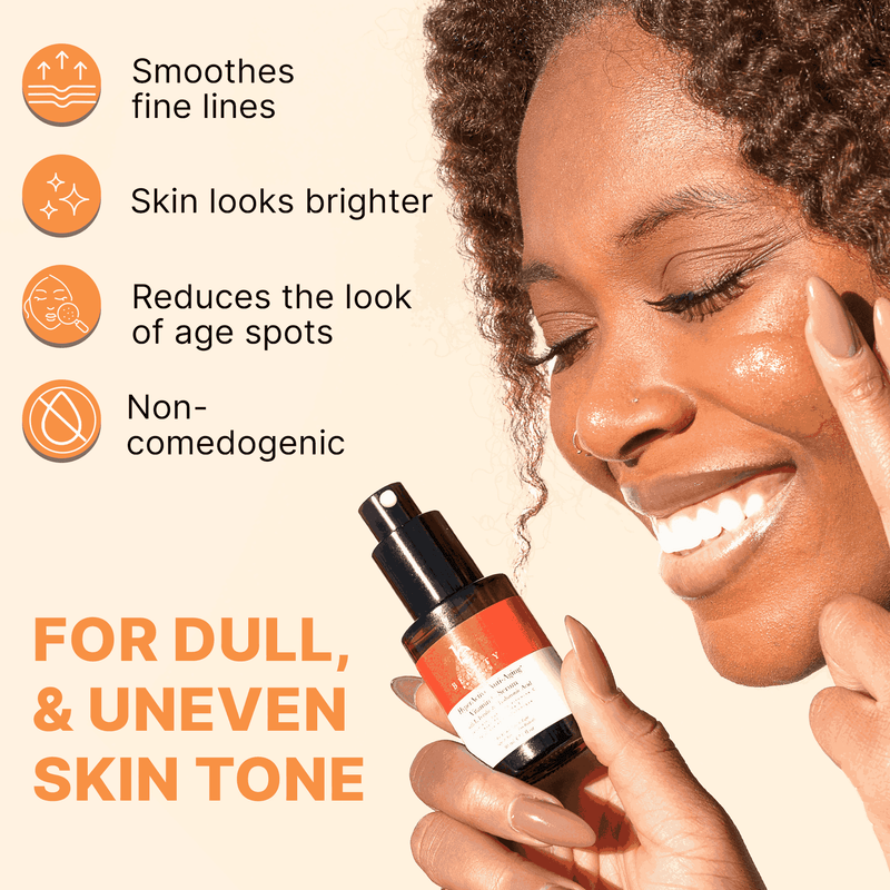 Woman applying skincare product with text highlighting benefits on a beige background