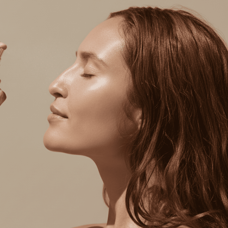 Close-up of a woman's face with a neutral background