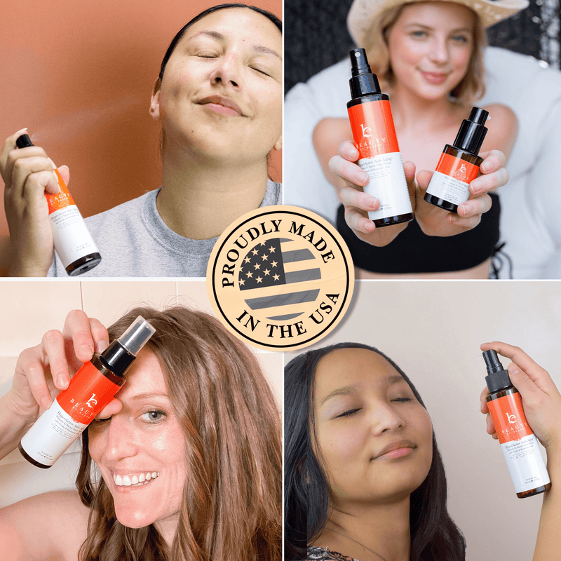 Collage of people using skincare products with a 'Proudly Made in the USA' badge.