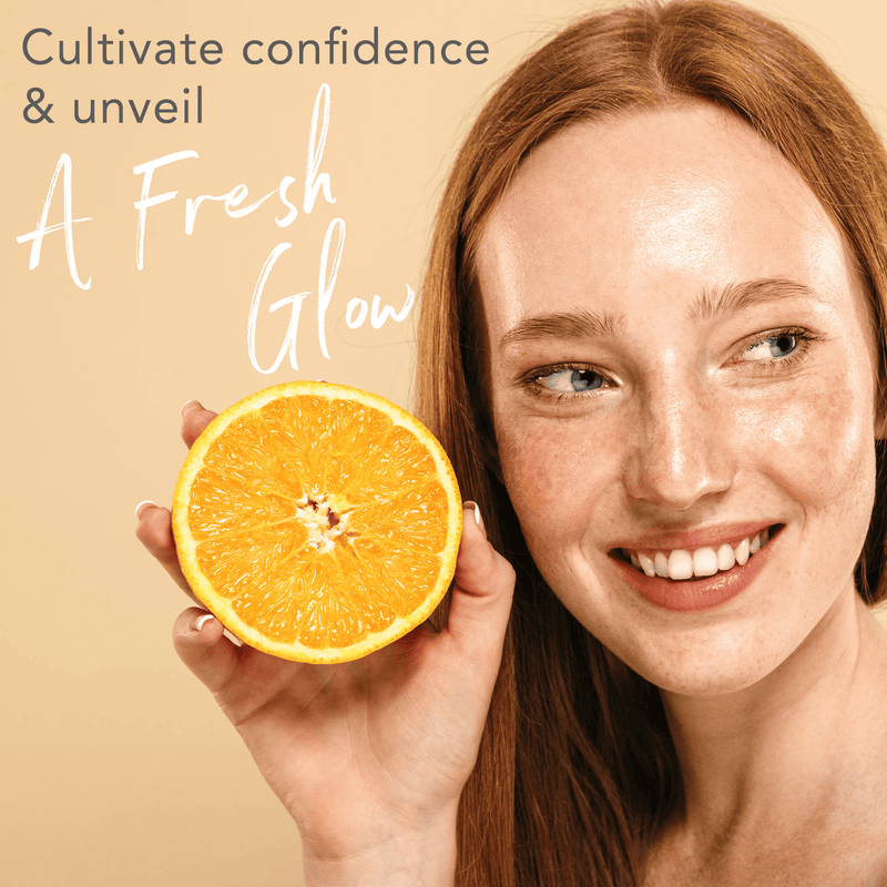 Woman holding an orange with text about confidence and a fresh glow on a beige background