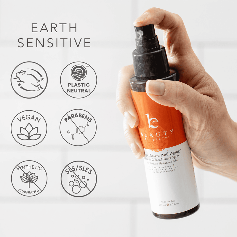 Hand holding a skincare product with 'Earth Sensitive' and 'Plastic Neutral' icons on a light background