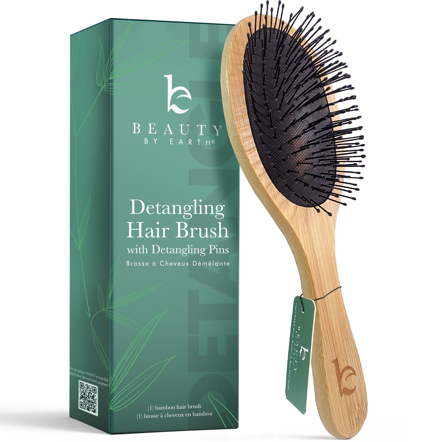 Detangling hair brush with packaging on a white background