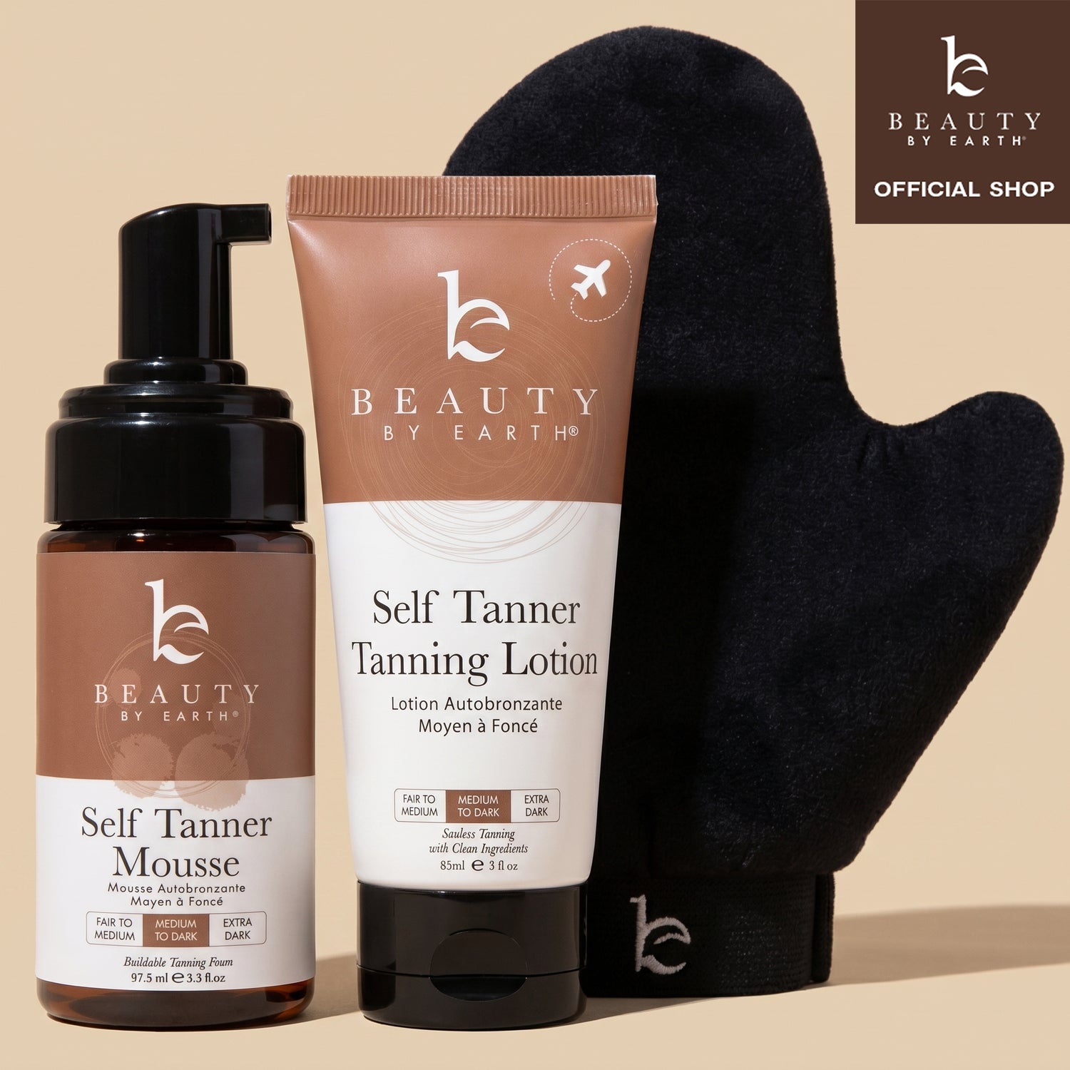 Beauty by Earth self Tanner mousse, tanning lotion, and mitt on a beige background