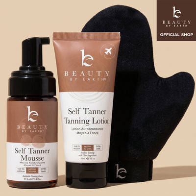 Beauty by Earth self Tanner mousse, tanning lotion, and mitt on a beige background