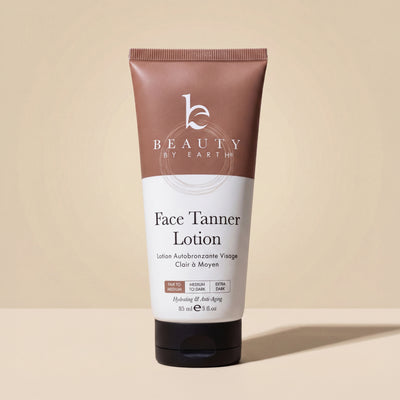 Tube of Beauty by Earth Face Tanner Lotion on a beige background