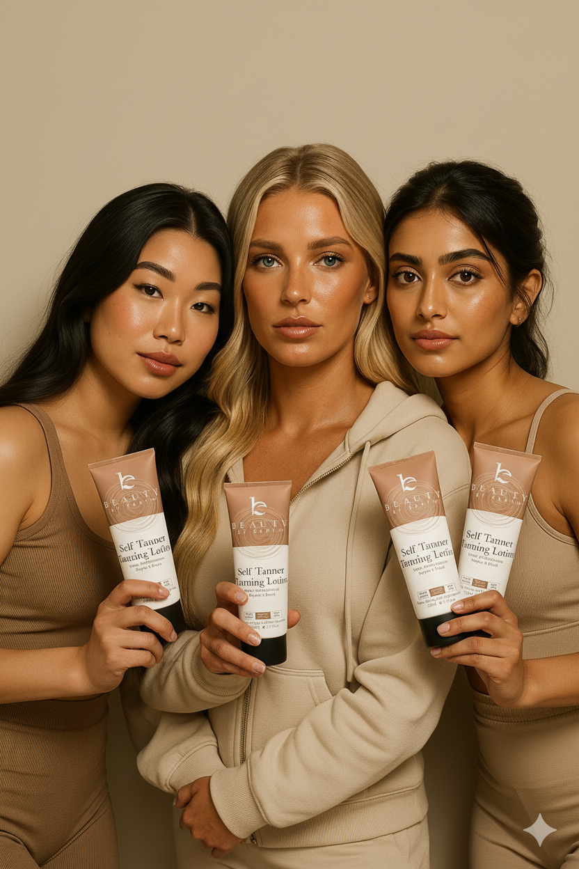 Three women holding beauty by Earth Self Tanner products against a beige background