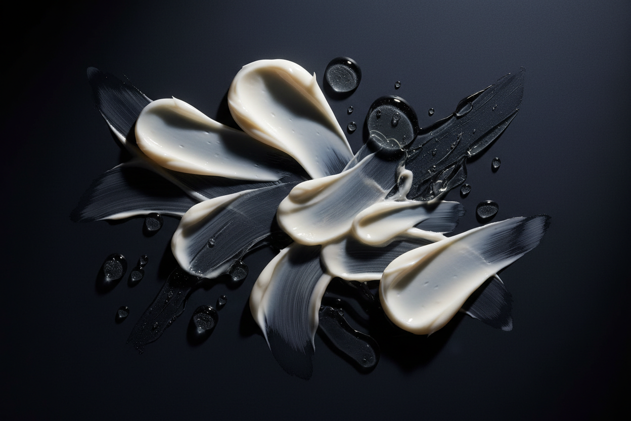 neutral, high-end studio image of lots of skincare textures - dark colors so white text works on top