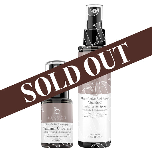 Three skincare bottles with 'SOLD OUT' text overlay on a white background