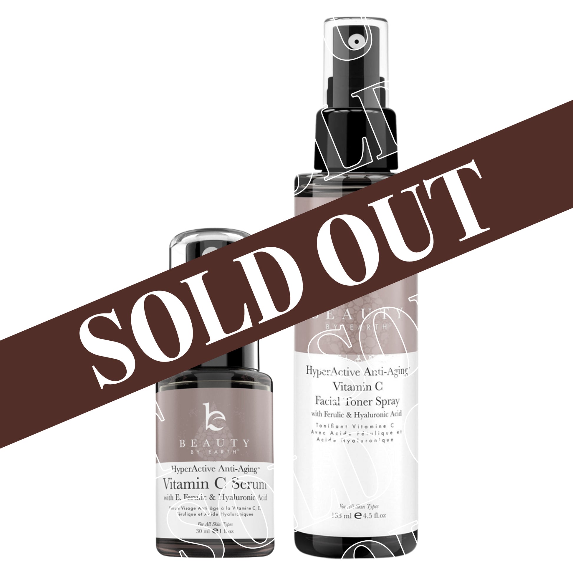 Three skincare bottles with 'SOLD OUT' text overlay on a white background